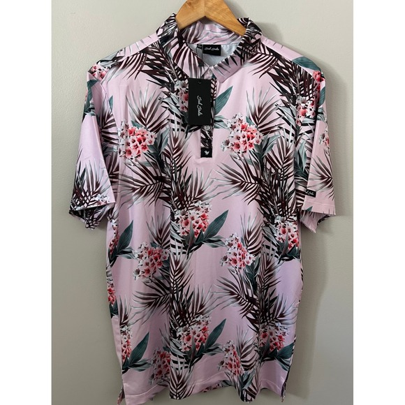 Bad‎ Birdie Men's XL Cabana Polo Golf Shirt Pink Tropical Floral NWT - Picture 2 of 9